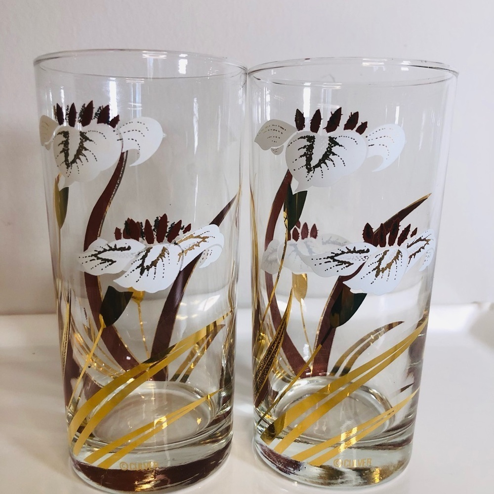 Culver Signed Vintage White Iris Old Fashion Glasses Tumblers. Set of 2